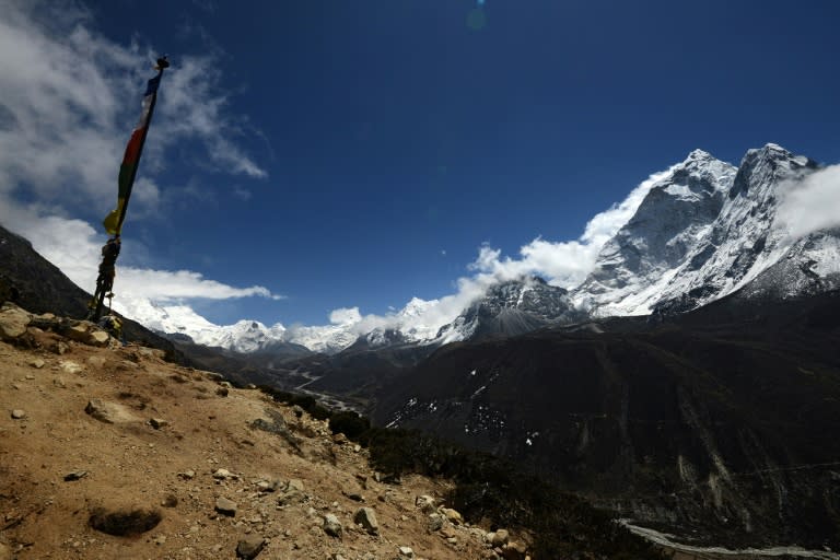 The Everest range, including Lhotse (far left), Makalu (centre) and Ama Dablam (R) (PRAKASH MATHEMA)