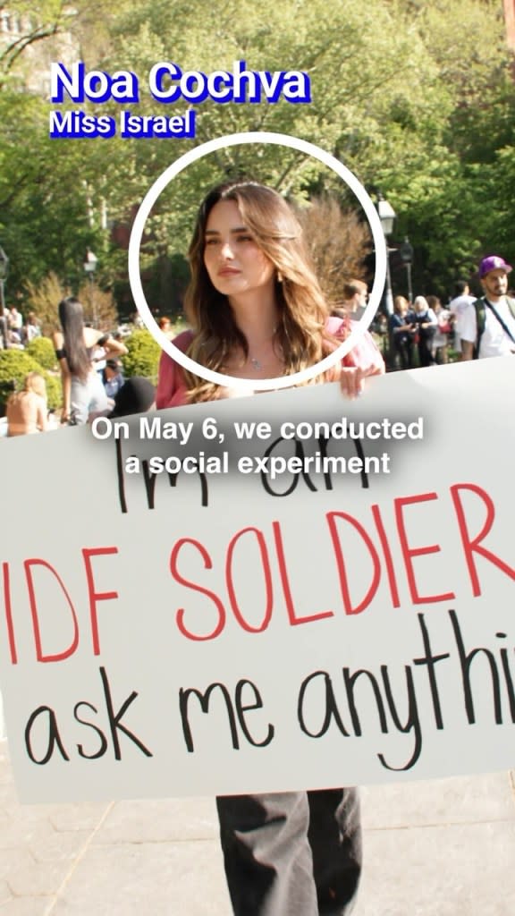 Miss Israel Noa Cochva was blasted with criticism for carrying a sign identifying herself as “IDF Soldier” in Washington Square Park. Instagram/@noacochva