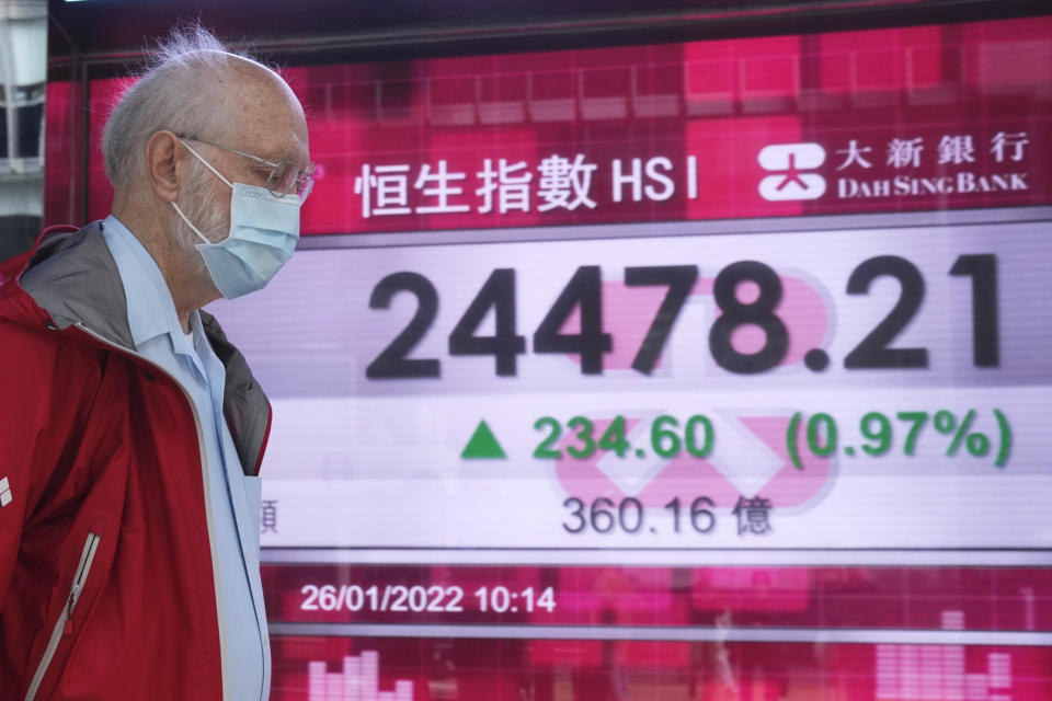 A man wearing a face mask walks past a bank's electronic board showing the Hong Kong share index in Hong Kong, Wednesday, Jan. 26, 2022. Asian shares were mixed in muted trading Wednesday as many stayed on the sidelines ahead of a U.S. Federal Reserve meeting that will indicate how aggressive it will be in fighting inflation. (AP Photo/Kin Cheung)