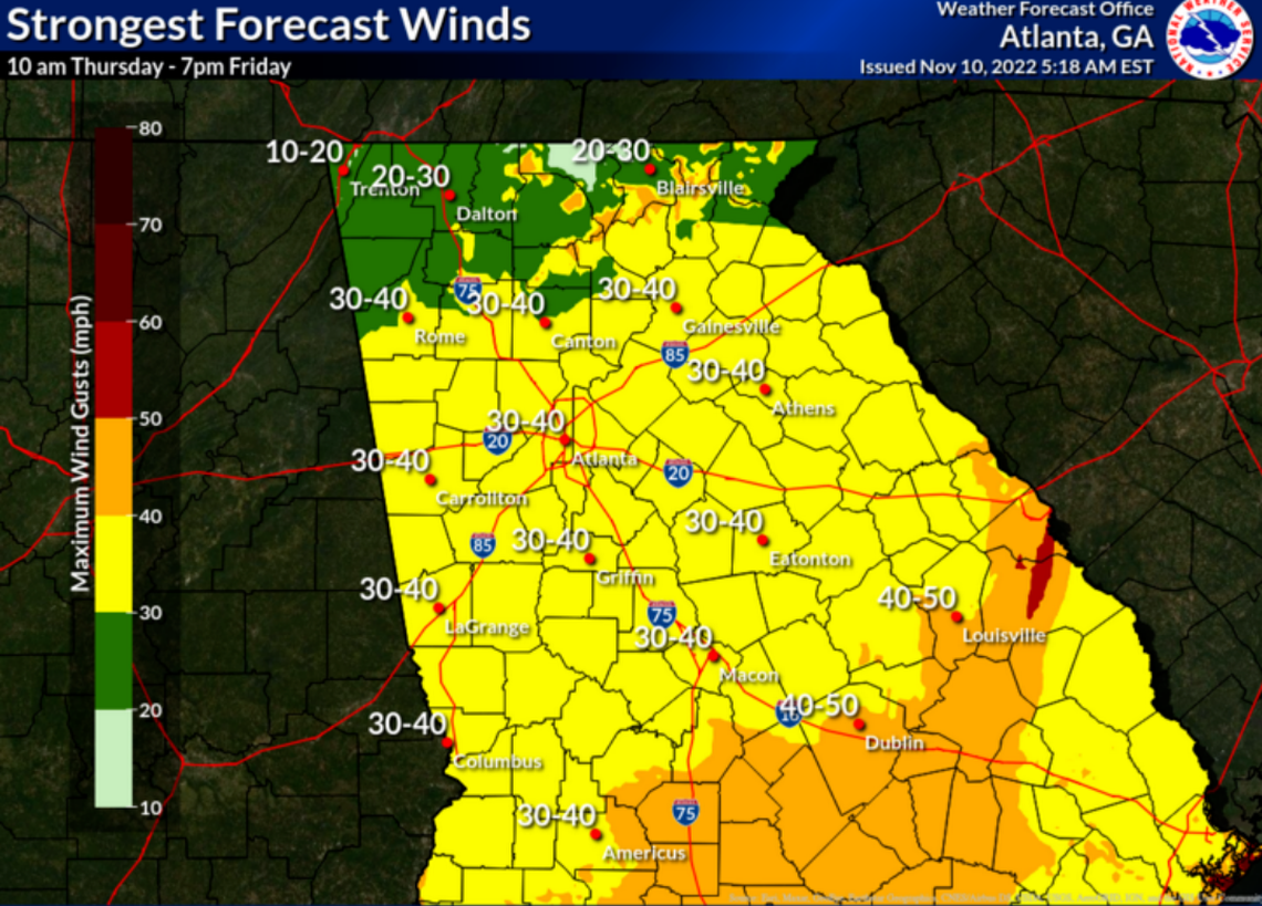 The National Weather Service (NWS) in Peachtree City, Georgia has already issued a wind advisory for the state, effective from now until late Friday evening/night.