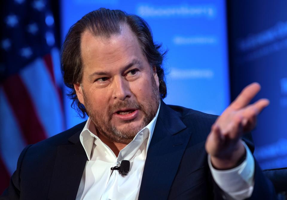 Marc Benioff, founder, chairman and co-CEO of Salesforce, speaks at an Economic Club of Washington luncheon in Washington, DC, on October 18, 2019. (Photo by NICHOLAS KAMM / AFP) (Photo by NICHOLAS KAMM/AFP via Getty Images)