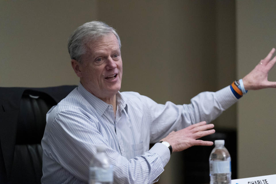 Charlie Baker, NCAA president, speaks to reporters Friday, Feb. 23, 2024, in Washington. (AP Photo/Stephanie Scarbrough)