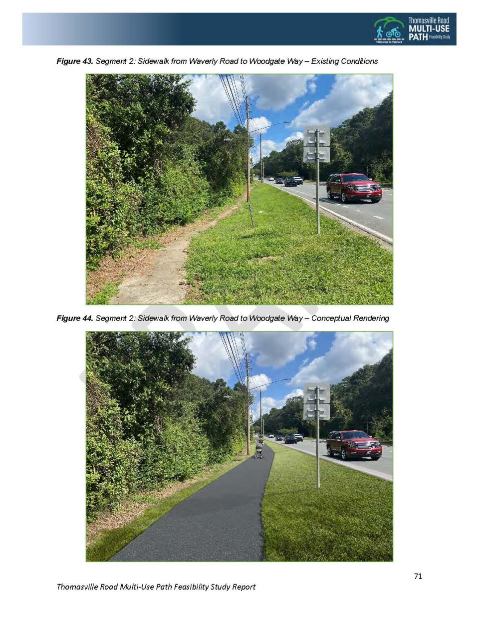 A Photo/Rendering that shows a before and after for Waverly Road to Woodgate Way.