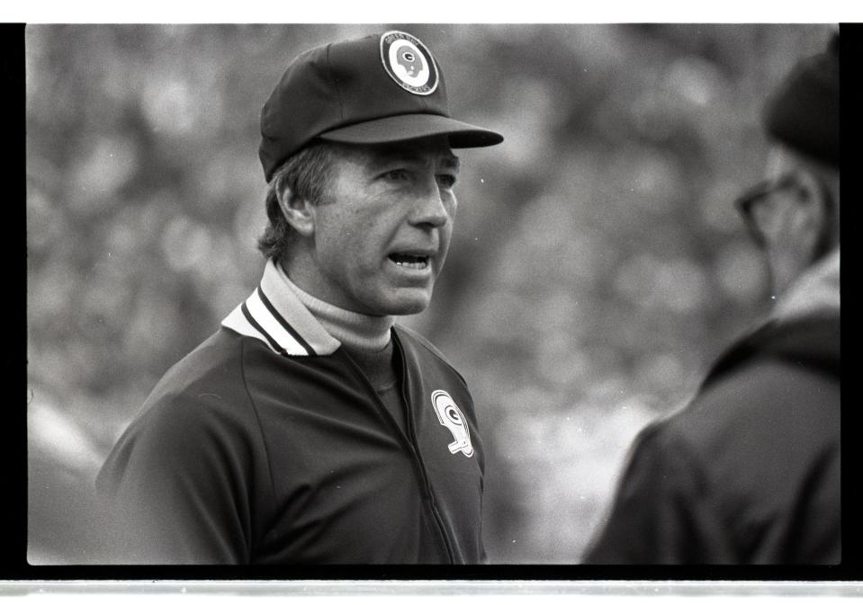 1979 SEASON: Green Bay Packers coach Bart Starr on the sideline during the game against the Philadelphia Eagles at Lambeau Field on Nov. 25, 1979. The Packers lost 21-10.