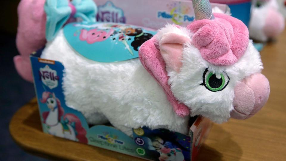 Mandatory Credit: Photo by Steven Senne/AP/Shutterstock (9977603c)A battery-lighted unicorn plush toy of the Nickelodeon character Nella that is part of a product line called "Pillow Pets Sleeptime Lite," which is on the World Against Toys Causing Harm, or W.