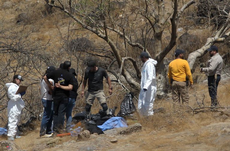 Peritos forenses trabajan con varias bolsas de restos humanos extraídos del fondo de una quebrada por un helicóptero, el 31 de mayo de 2023