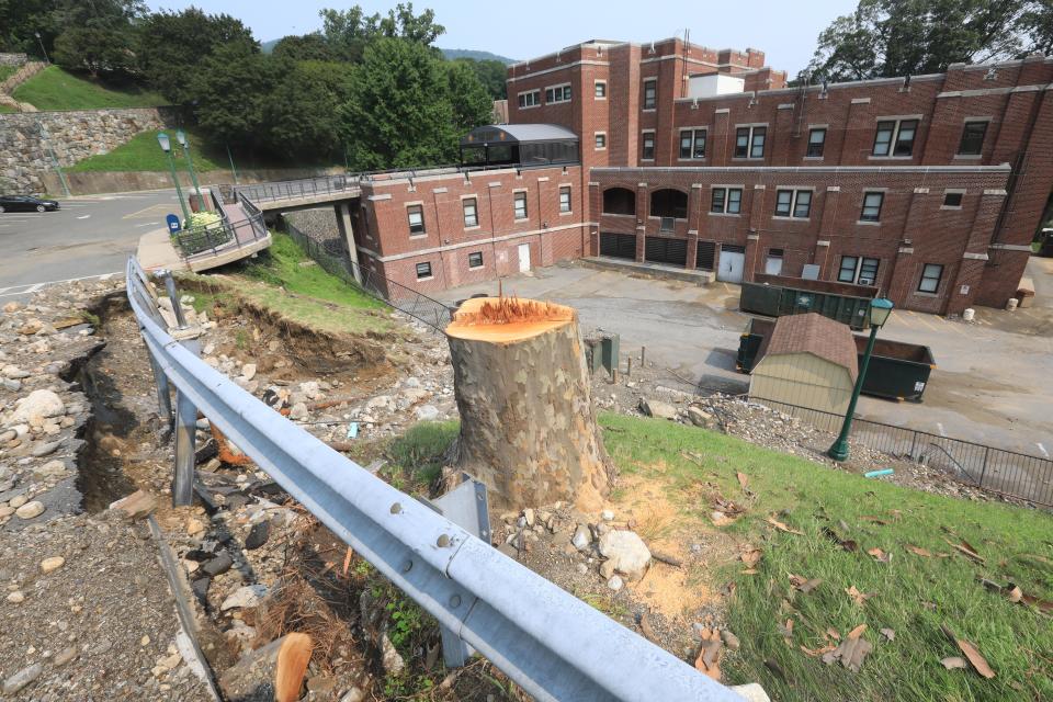 Road damage and a washed out hill at West Point on July 17, 2023. A severe rain storm on July 9 caused an estimated $100 million in damages around West Point.