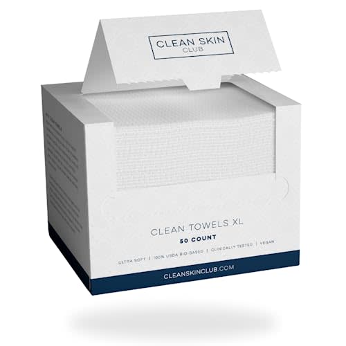 Clean Skin Club Clean Towels XL, 100% USDA Biobased Dermatologist Approved Face Towel, Disposable Clinically Tested Face Towelette, Facial Washcloth, Makeup Remover Dry Wipes, Ultra Soft, 50 Ct,1 Pack (AMAZON)
