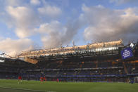 The stadium ahead of the English Premier League soccer match between Chelsea and Everton at Stamford Bridge stadium in London, Monday, April 15, 2024. (AP Photo/Ian Walton)