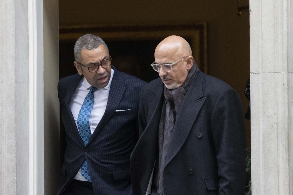 LONDON, UNITED KINGDOM - DECEMBER 13:  British Secretary of State for Foreign, Commonwealth and Development Affairs James Cleverly (L) and Minister without Portfolio, Nadhim Zahawi (R) leave after attending the weekly cabinet meeting at 10 Downing Street in London, United Kingdom on December 13, 2022. (Photo by Rasid Necati Aslim/Anadolu Agency via Getty Images)