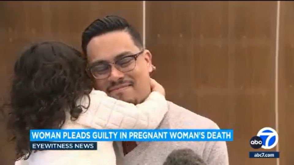 James Alvarez held his 3-year-old daughter as he spoke to a woman accused of fatally striking his pregnant wife, outlets reported.