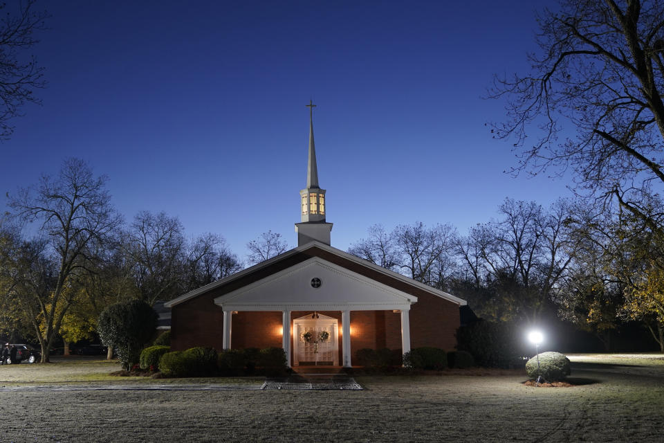 Day breaks over the Maranatha Baptist Church, in Plains, Ga., Wednesday, Nov. 29, 2023, The church, where those closest to Jimmy and Rosalynn Carter bid farewell to the former first lady Wednesday, played a central role in the lives of the famous couple. (AP Photo/Alex Brandon)