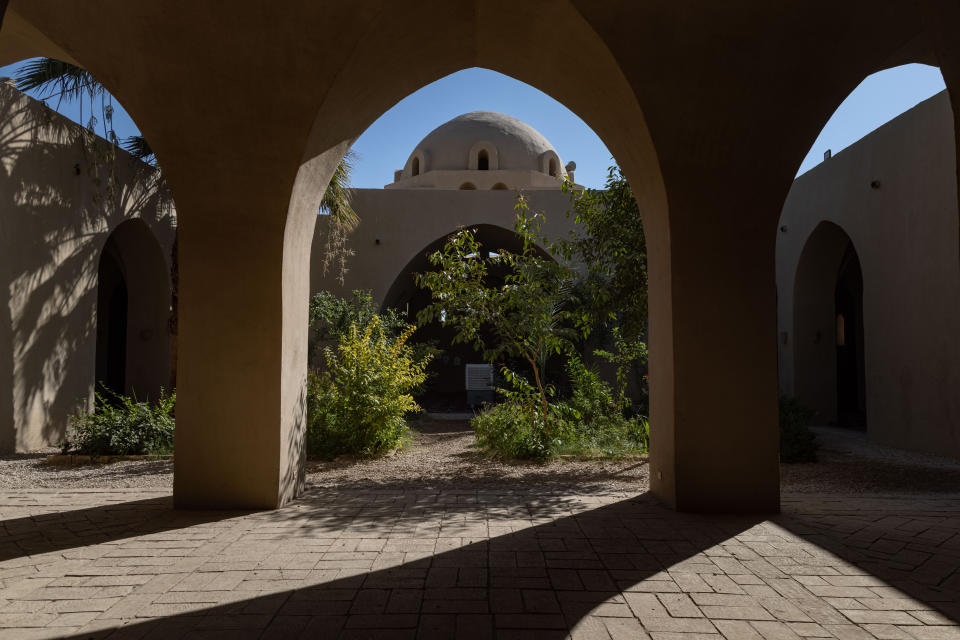 The main courtyard with a lush garden at a mosque designed by Hassan Fathy in New Gourna in the suburbs of Luxor, Egypt. (Sima Diab for The Washington Post)