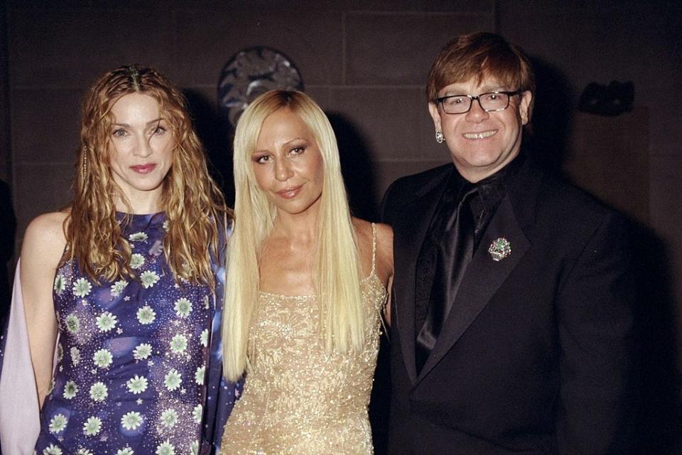 Madonna, Donatella Versace and Elton John (l. to r.) get together at the Metropolitan Museum of Art for opening of the Costume Institute's exhibition of the fashions of the late Gianni Versace.
