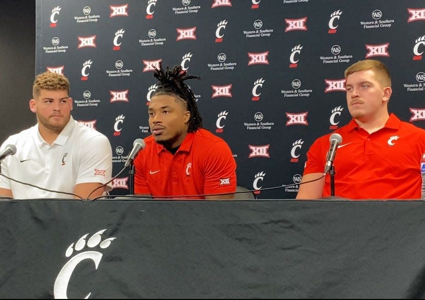 UC Bearcat football players (from left) Luke Kandra, Corey Kiner and Gavin Gerhardt talk about rebooting the Bearcats for 2024.