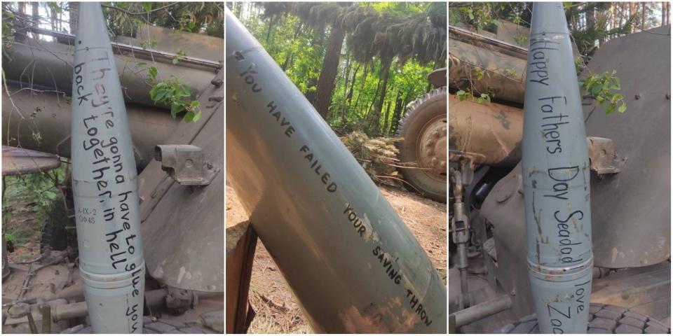 A composite image showing various shells, inscribed with messages, in use by Ukrainian soldiers.