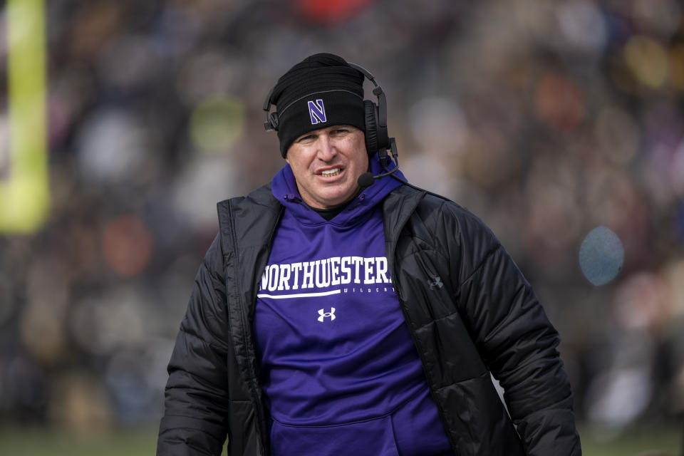 Northwestern head coach Pat Fitzgerald is now facing allegations of racism while already serving a suspension for alleged hazing within the football program. (Marc Lebryk-USA TODAY Sports)