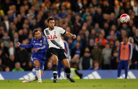 Britain Football Soccer - Chelsea v Tottenham Hotspur - Barclays Premier League - Stamford Bridge - 2/5/16 Chelsea's Eden Hazard scores their second goal Action Images via Reuters / John Sibley Livepic EDITORIAL USE ONLY. No use with unauthorized audio, video, data, fixture lists, club/league logos or "live" services. Online in-match use limited to 45 images, no video emulation. No use in betting, games or single club/league/player publications. Please contact your account representative for further details.