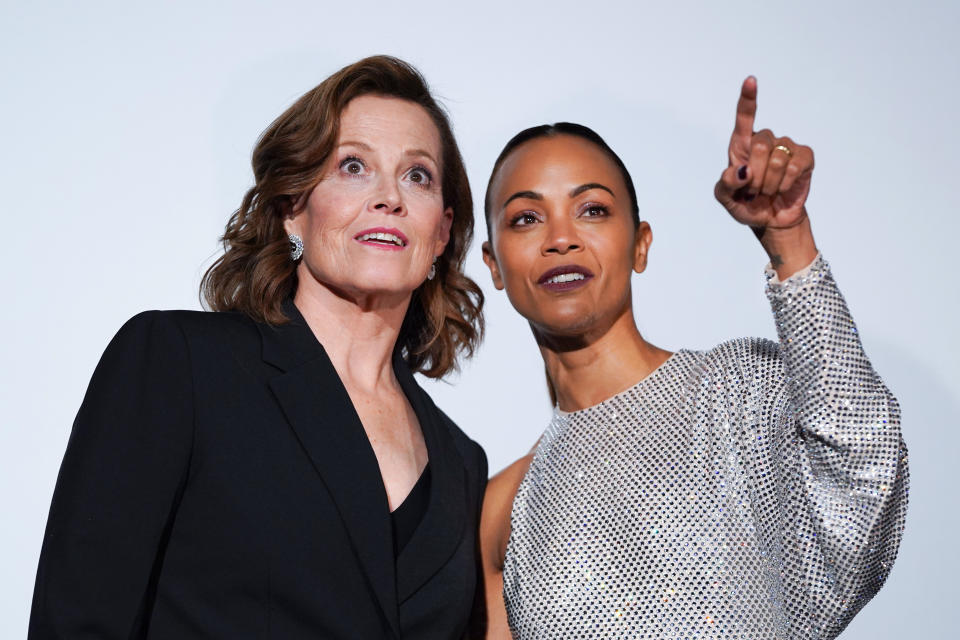 TOKYO, JAPAN – DECEMBER 10: Sigourney Weaver (L) and Zoe Saldana (R) attend the “Avatar: The Way of Water” Japan Premiere at TOHO Cinemas Hibiya on December 10, 2022 in Tokyo, Japan. (Photo by Christopher Jue/Getty Images for Disney)