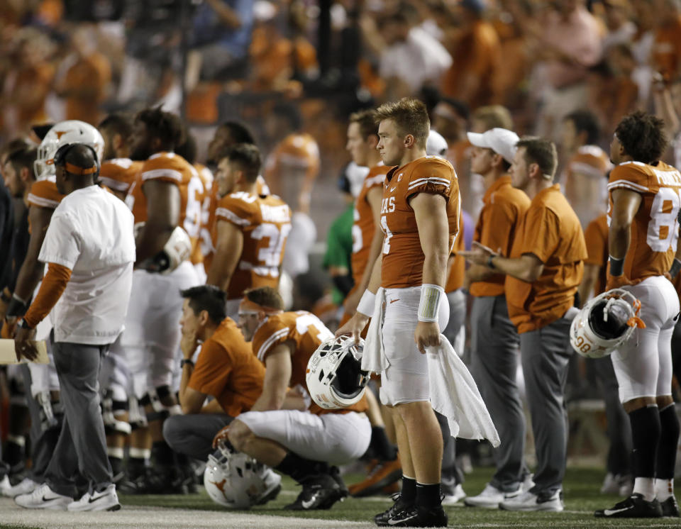 Texas Longhorns quarterback Sam Ehlinger #11 and teamamtes watch action against the LSU Tigers Saturday Sept. 7, 2019 at Darrell K Royal-Texas Memorial Stadium in Austin, Tx. LSU won 45-38. ( Photo by Edward A. Ornelas )