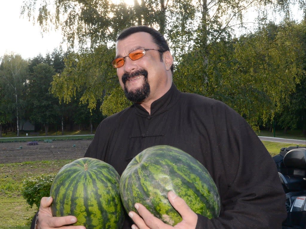 The glimmer man: Steven Seagal poses with two watermelons after being granted Serbian citizenship in 2016 (AFP via Getty Images)