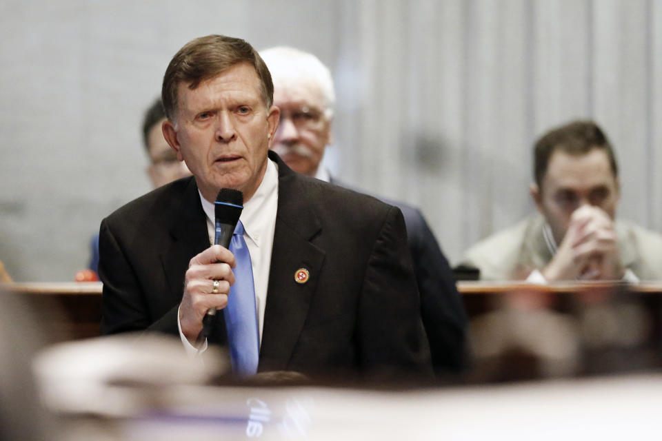 Sen. Paul Rose, R-Tipton, speaks on behalf of his bill allowing faith-based adoption agencies to decline to place children with same-sex couples because of their religious belief without facing penalties on the first day of the 2020 legislative session Tuesday, Jan. 14, 2020, in Nashville, Tenn. (AP Photo/Mark Humphrey)