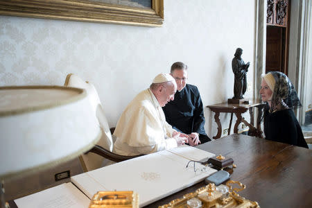 Pope Francis meets U.S. ambassador to the Vatican Callista Gingrich at the Vatican December 22, 2017. Osservatore Romano/Handout via Reuters