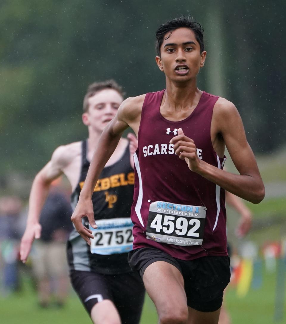 Scarsdale's Rishi Shadaksharappa wins the Boys Varsity A 3-mile run at the Suffern Invitational at Bear Mountain State Park in Tomkins Cove on Saturday, September 23, 2023.