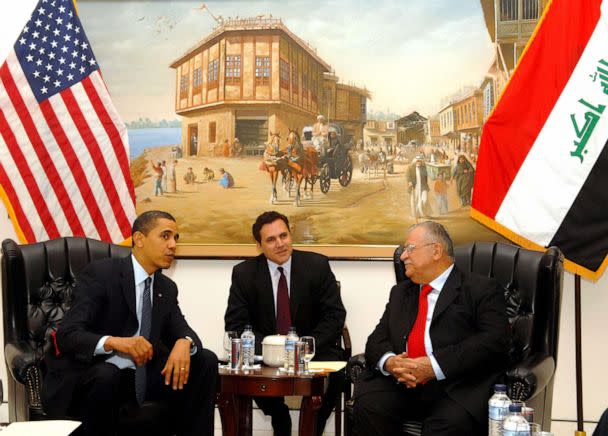PHOTO: Iraqi President Jalal Talabani (R) speaks with U.S. President Barack Obama (L) as an interpreter sits (C) April 7, 2009 in Baghdad. (Iraqi President's Office via Getty Images)