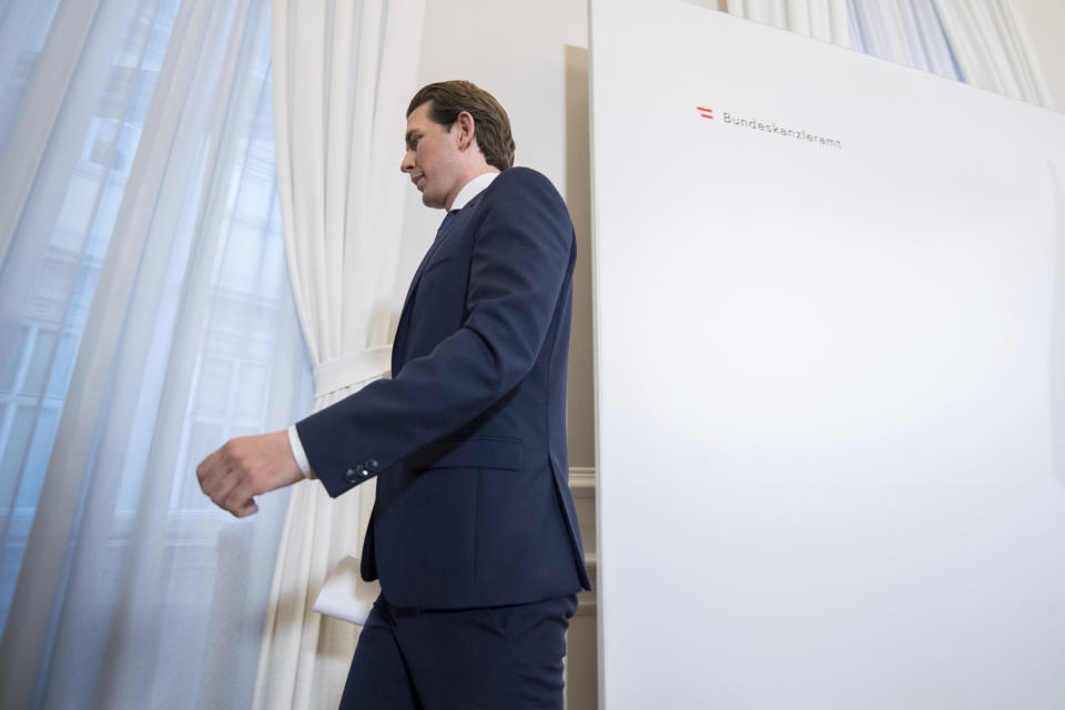 Austrian Chancellor Sebastian Kurz (Austrian People's Party) leaves after a press conference at the Federal Chancellors Office in Vienna, Austria, Saturday, May 18, 2019. Kurz has called for an early election after the resignation of his vice chancellor spelled an end to his governing coalition. (AP Photo/Michael Gruber)