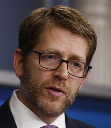 White House Press Secretary Jay Carney speaks to the press in the Brady Press Briefing Room at the White House in Washington, January 6, 2014. REUTERS/Larry Downing