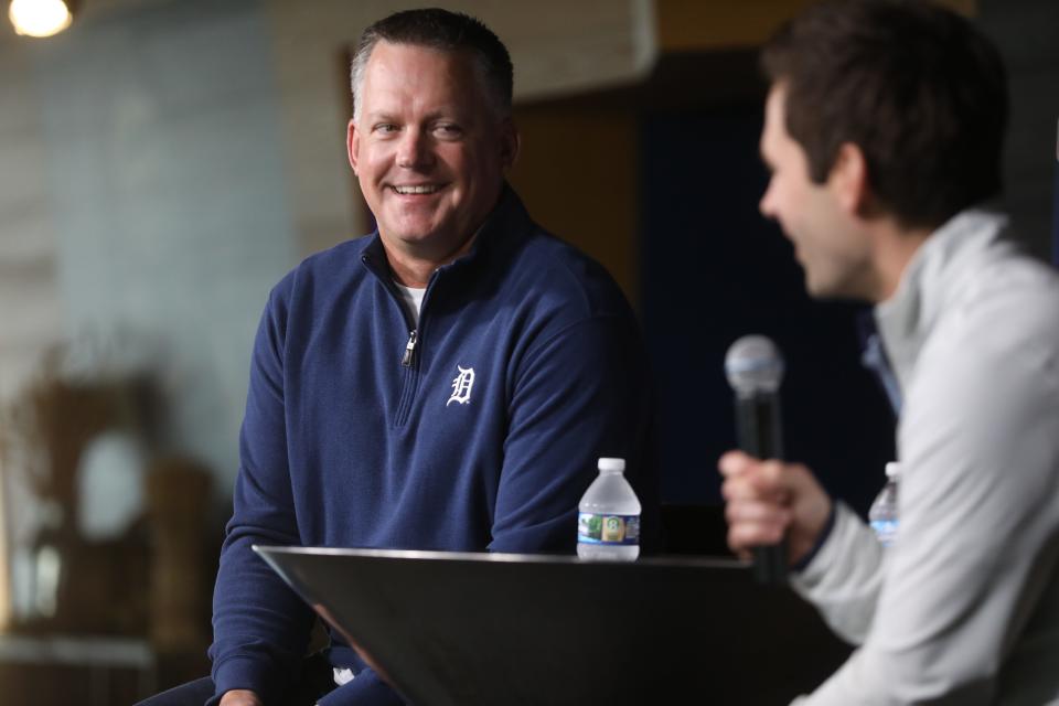 Detroit Tigers manager A.J. Hinch, left, talks about the team alongside president of baseball operations Scott Harris during an end-of-season news conference at Comerica Park on Monday, Oct. 2, 2023.