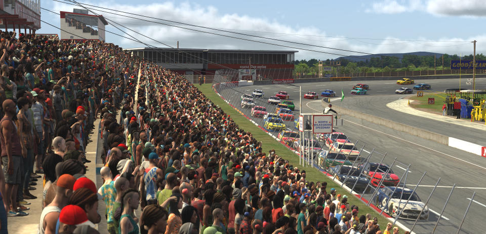 NORTH WILKESBORO, NORTH CAROLINA - MAY 09: (EDITORIAL USE ONLY) (Editors note: This image was computer generated in-game)  A general view as cars race during the eNASCAR iRacing Pro Invitational Series North Wilkesboro 160 at virtual North Wilkesboro Speedway on May 09, 2020 in North Wilkesboro, North Carolina. (Photo by Chris Graythen/Getty Images)