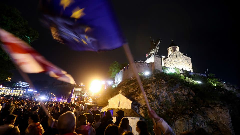 Demonstrators protest against the foreign agents bill in Tbilisi, Georgia, on May 11, 2024. - Irakli Gedenidze/Reuters