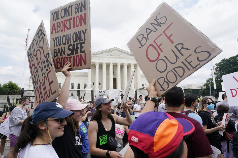 Abortion-rights activists demonstrate in front of the U.S. Supreme Court after the Court announced a ruling in the Dobbs v Jackson Women's Health Organization case on June 24, 2022, overturning the landmark Roe v. Wade ruling and eliminating a federal right to an abortion. / Credit: / Getty Images