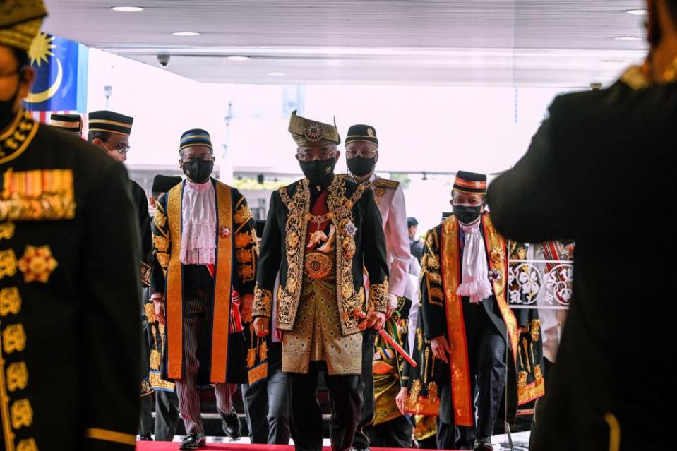 Yang di-Pertuan Agong Al-Sultan Abdullah Ri’ayatuddin Al-Mustafa Billah Shah arrives at Parliament in Kuala Lumpur September 13, 2021. — Bernama pic