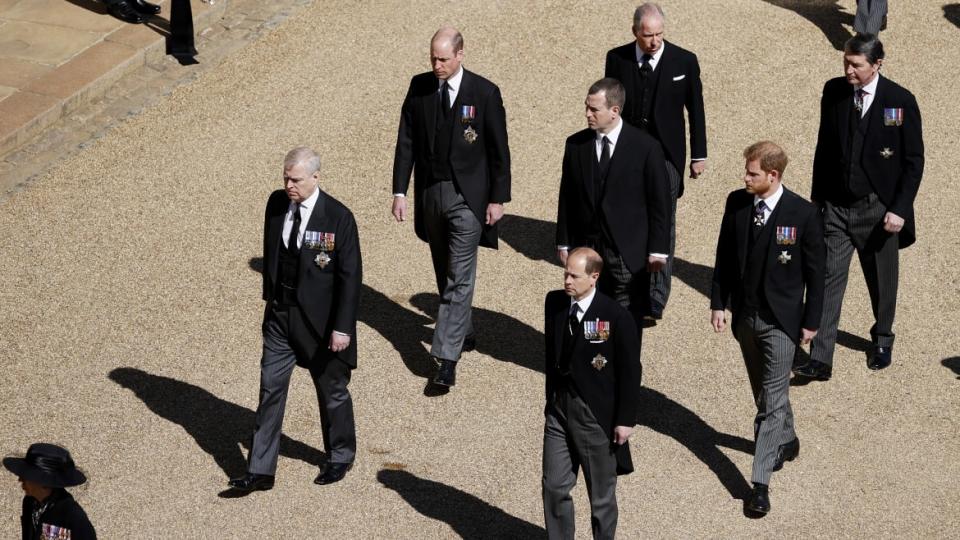 <div class="inline-image__caption"><p>Prince Andrew, Duke of York, Prince Edward, Earl of Wessex, Prince William, Duke of Cambridge, Peter Phillips, Prince Harry, Duke of Sussex, Earl of Snowdon David Armstrong-Jones and Vice-Admiral Sir Timothy Laurence follow Prince Philip, Duke of Edinburgh's coffin during the Ceremonial Procession during the funeral of Prince Philip, Duke of Edinburgh at Windsor Castle on April 17, 2021 in Windsor, England.</p></div> <div class="inline-image__credit">Adrian Dennis/WPA Pool/Getty</div>