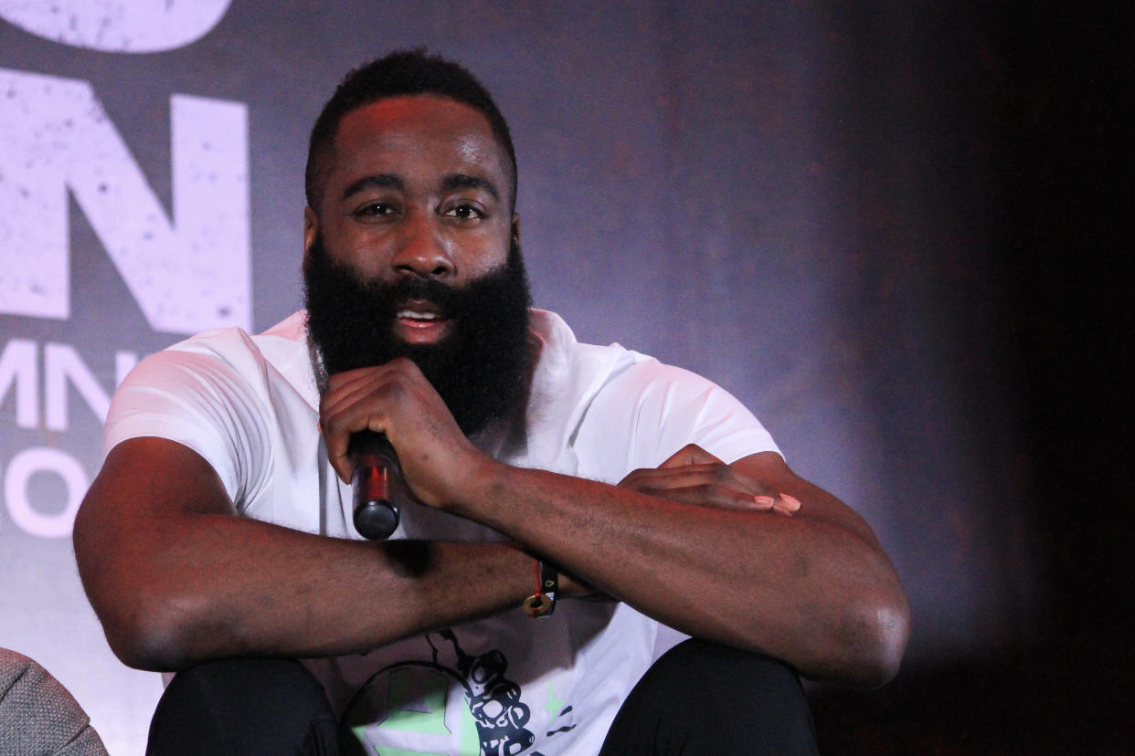 SMX CONVENTION CENTER, MOA, PASAY CITY, METRO MANILA, PHILIPPINES - 2019/06/26: NBA Superstar and 2018 MVP James Harden visited Manila to promote his latest shoe, the Adidas Harden 5. He had the opportunity to meet and interact with the media from Manila, as well as thousands of his fans who gathered at the SMX Convention Center, MOA for his Free to Harden Manila event. (Photo by Dennis Jerome Acosta/Pacific Press/LightRocket via Getty Images)