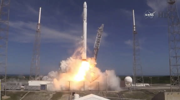 SpaceX launched a Falcon 9 rocket and Dragon space capsule from Cape Canaveral, Florida, on April 14, 2015, to deliver NASA cargo to the International Space Station, and test reusable rocket technology.