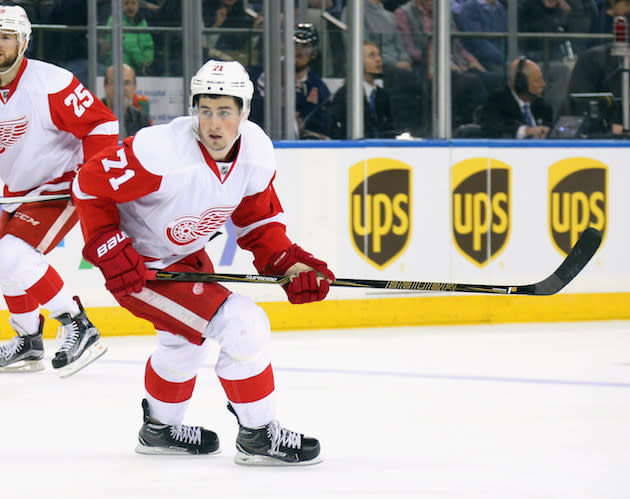 NEW YORK, NEW YORK - APRIL 09: Dylan Larkin #71 of the Detroit Red Wings skates against the New York Rangers at Madison Square Garden on April 9, 2016 in New York City. The Rangers defeated the Red Wings 3-2. (Photo by Bruce Bennett/Getty Images)