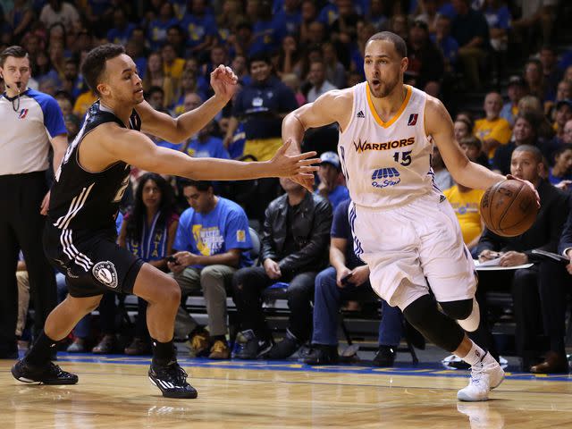 <p>Tim Cattera/NBAE/Getty</p> Mychel Thompson dribbles the ball against the Austin Spurs during the Western Conference Final NBA D-League game on April 19, 2015.