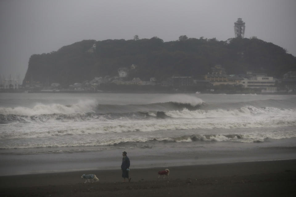A man walk his dogs along the beach as waves batter the shore Saturday, Oct. 12, 2019, in Fujisawa, west of Tokyo. A powerful typhoon is forecast to bring up to 80 centimeters (30 inches) of rain and damaging winds to the Tokyo area and Japan's Pacific coast this weekend. (AP Photo/Jae C. Hong)