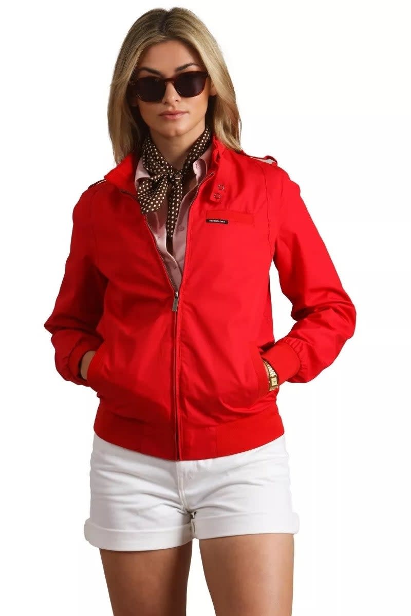 A model in a red Members Only jacket with a snap collar