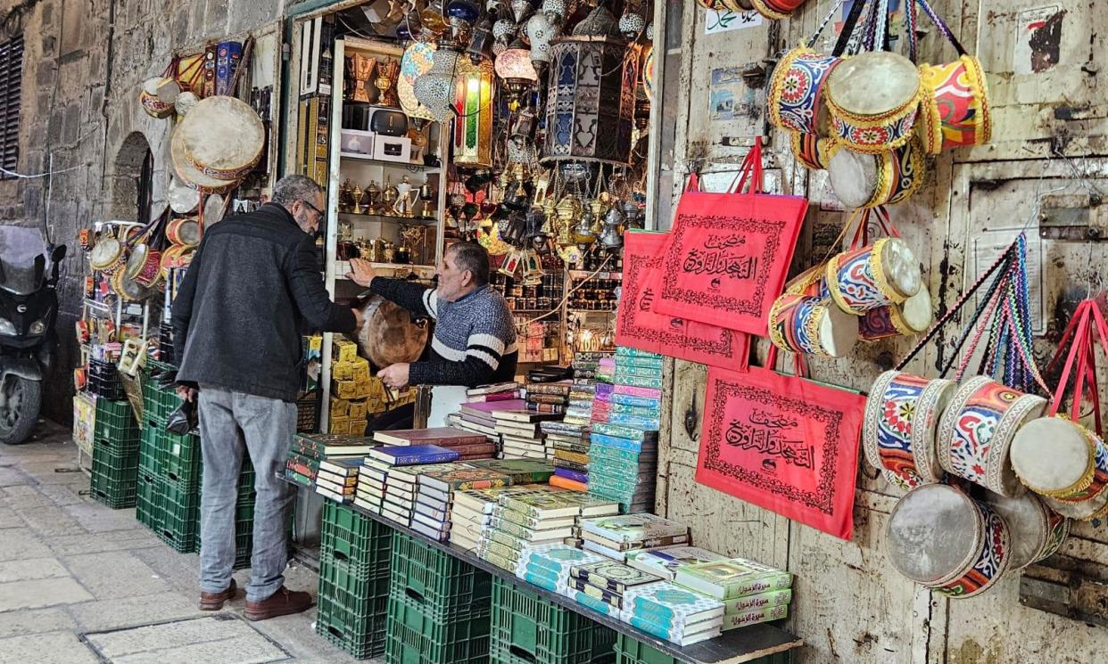 <span>A shop selling Ramadan lamps, drums and incense in the unusually quiet Muslim Quarter of Jerusalem’s Old City.</span><span>Photograph: Bethan McKernan/The Guardian</span>