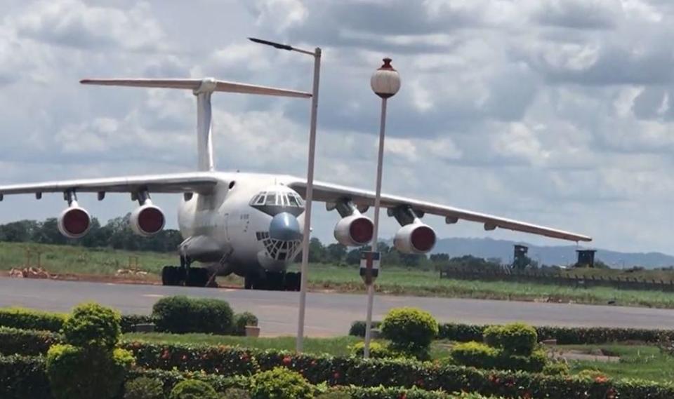 A cargo plane operated by Russia's Wagner Group is seen after landing at M'Poko Airport, in Bangui, Central African Republic, in early May 2023. / Credit: CBS News