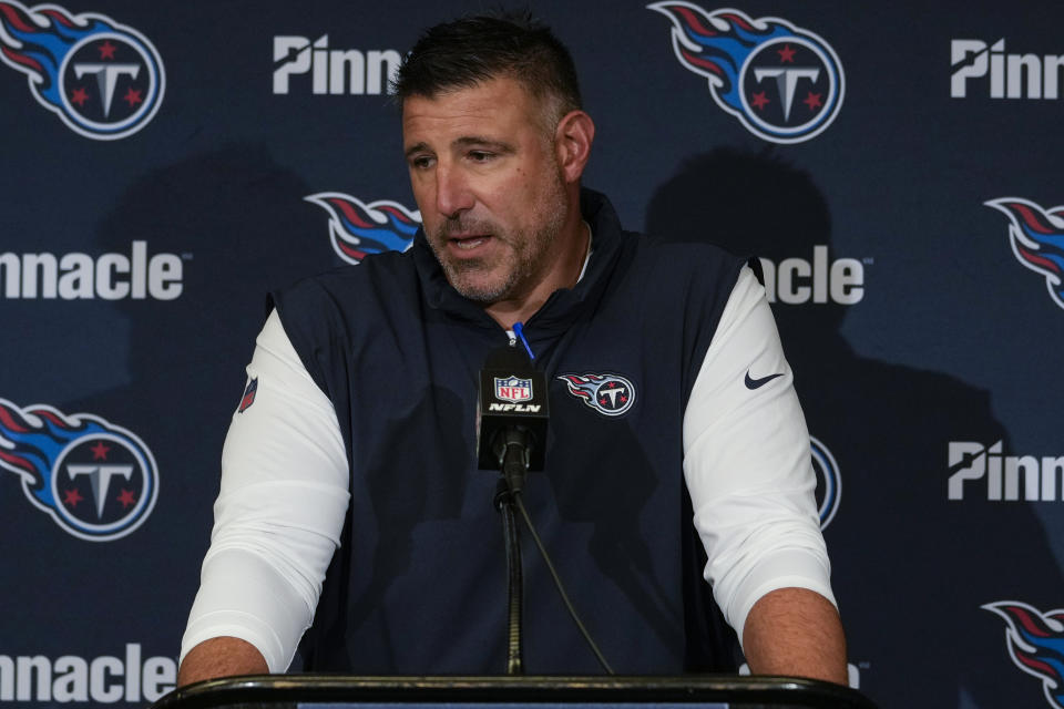 Tennessee Titans head coach Mike Vrabel responds to questions during a news conference after an NFL football game against the Indianapolis Colts, Sunday, Oct. 8, 2023, in Indianapolis. (AP Photo/Michael Conroy)