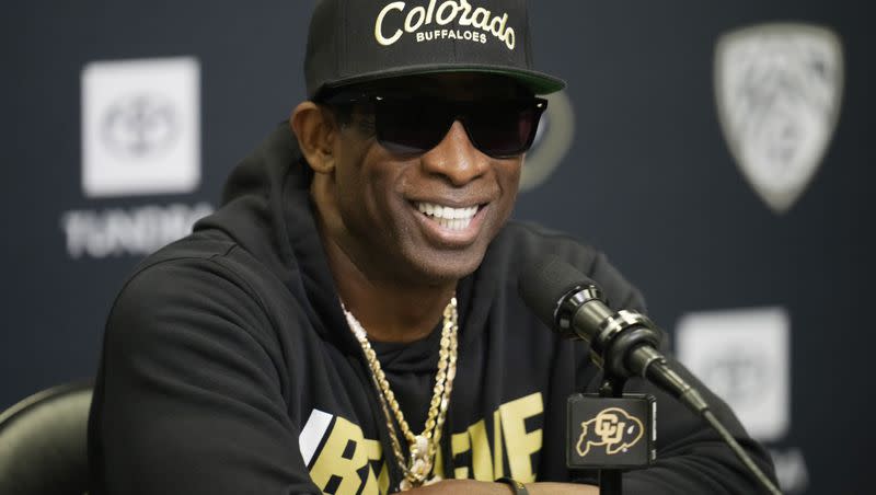 Colorado coach Deion Sanders responds to questions during a news conference after the team’s practice at the university on Aug. 4, 2023, in Boulder, Colo. Sanders has made a splash since arriving in Boulder, punctuated by his team’s upset of TCU in the season opener.