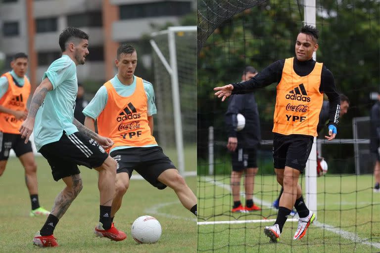 Rodrigo De Paul, Giovani Lo Celso y Lautaro Martínez, en el entrenamiento de este lunes de la Selección Argentina en Venezuela