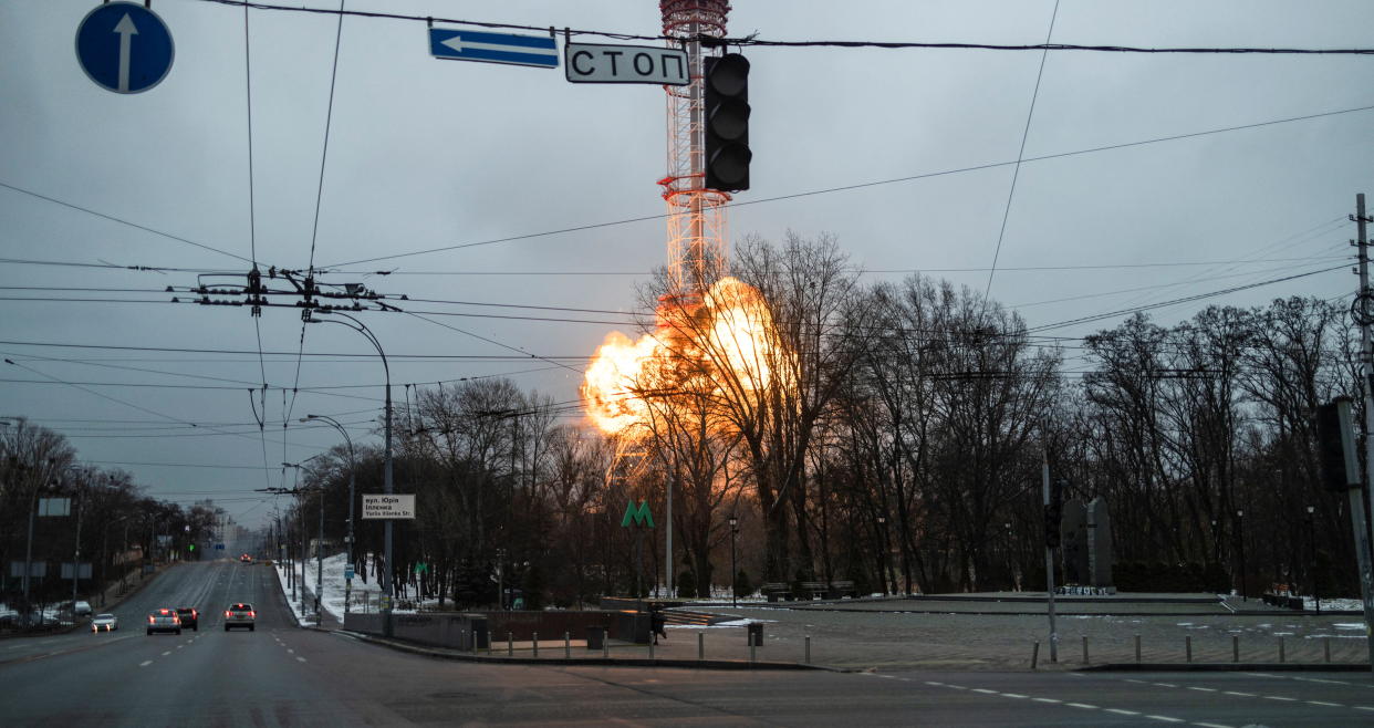 A blast is seen in the TV tower, amid Russia's invasion of Ukraine, in Kiev, Ukraine March 1, 2022. REUTERS/Carlos Barria