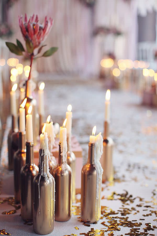 DIY Gold Wine Bottle With Black Lace (For Centerpieces)